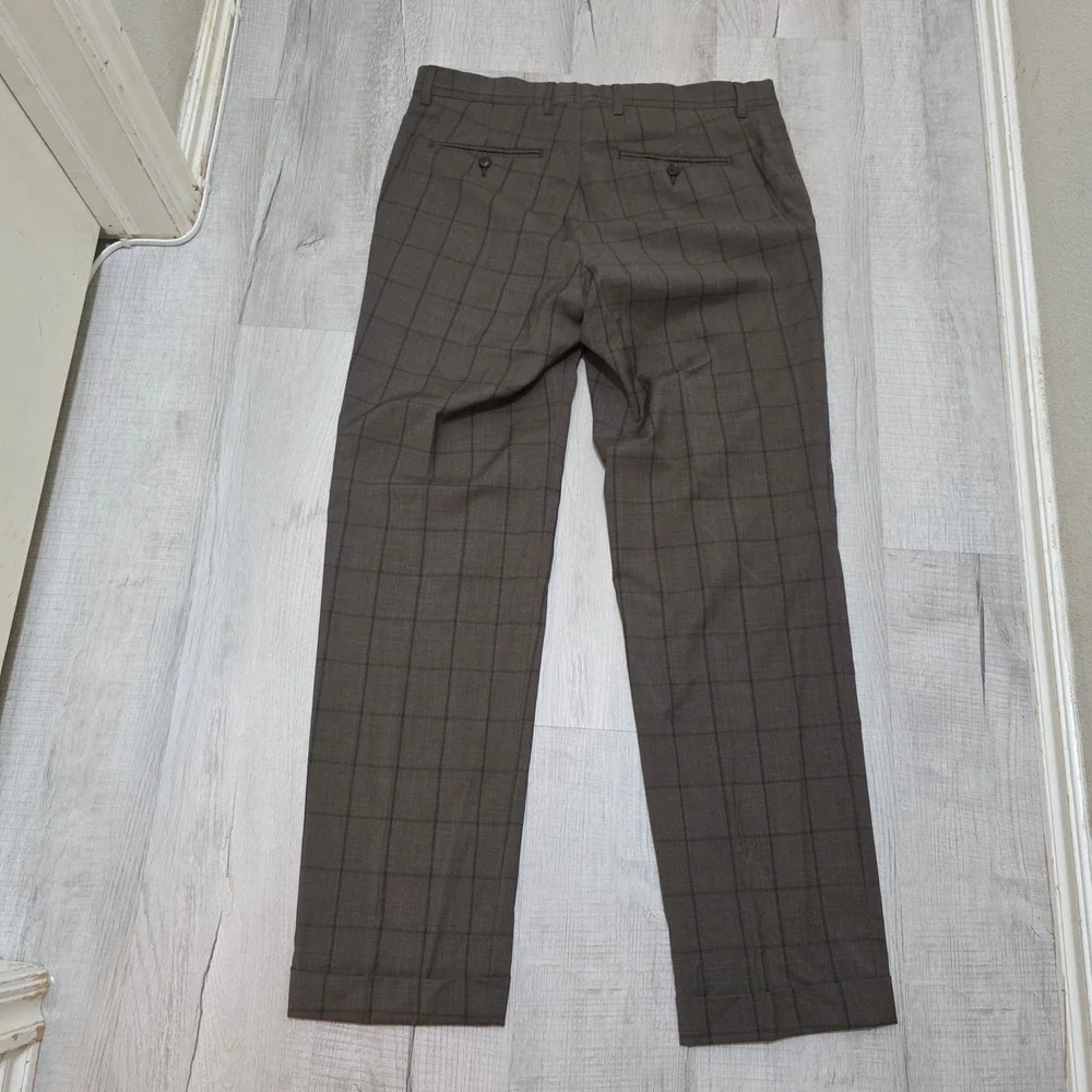 Paul Fredrick Men's Brown Windowpane Plaid 100% Wool Tailored Fit Dress Pants 34